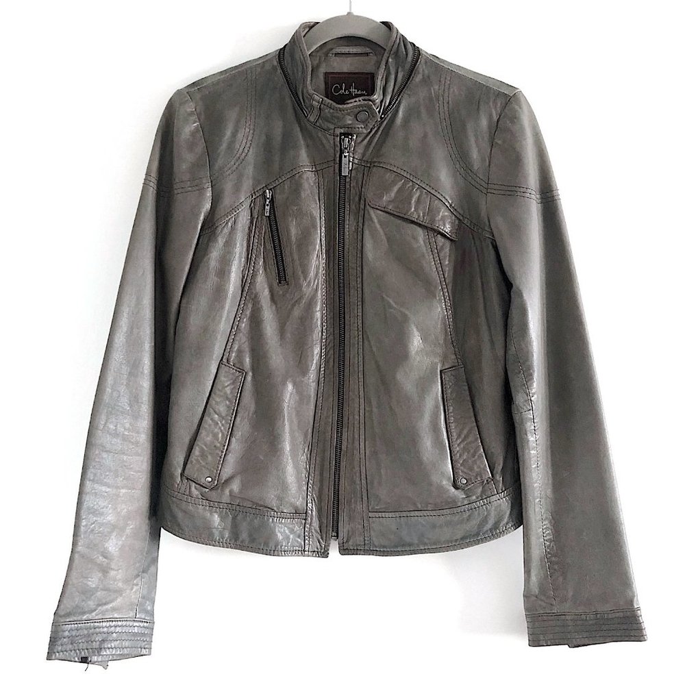 Cole Haan Leather Moto Jacket in Gray